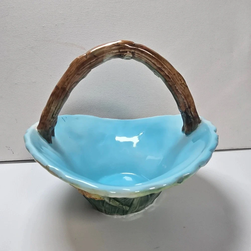 Majolica Iris Basket Made in Italy Ceramic Basket Floral Iris Branch Vintage VTG